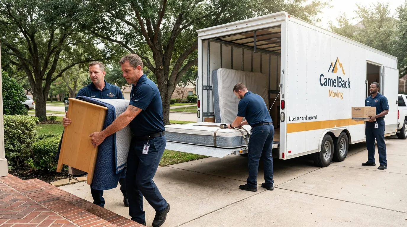 Crew loading residential truck for cross-state move from Los Fresnos, TX