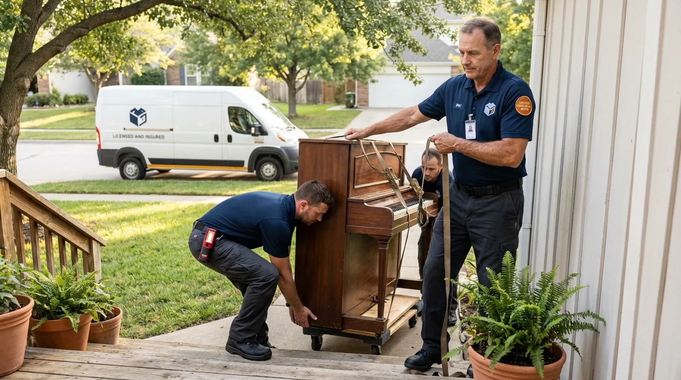 Licensed piano movers securing grand piano in Los Fresnos, TX