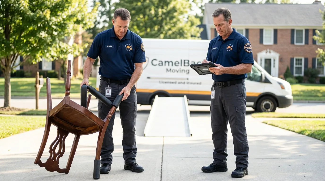 Movers inspecting furniture for damage prevention before loading in Los Fresnos, TX