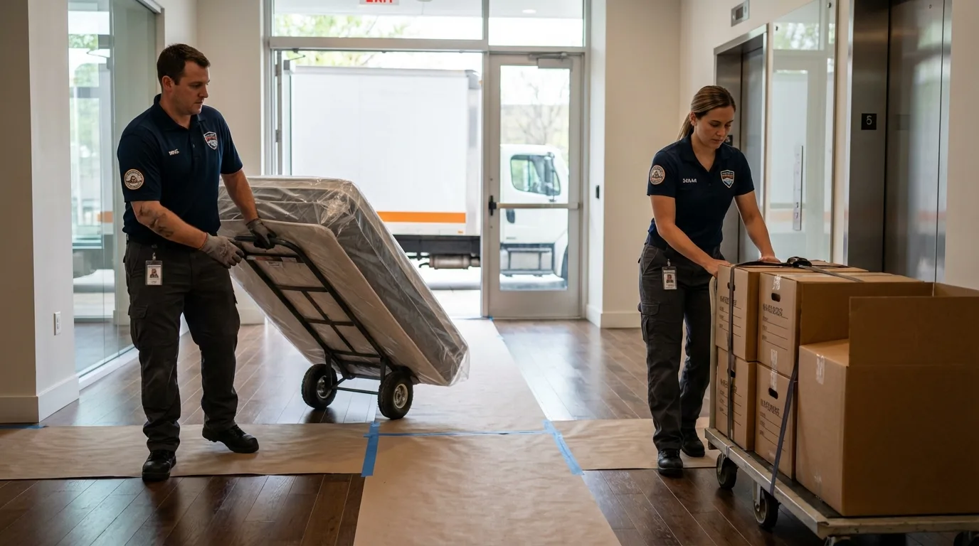 Professional apartment movers loading elevator in Los Fresnos, TX